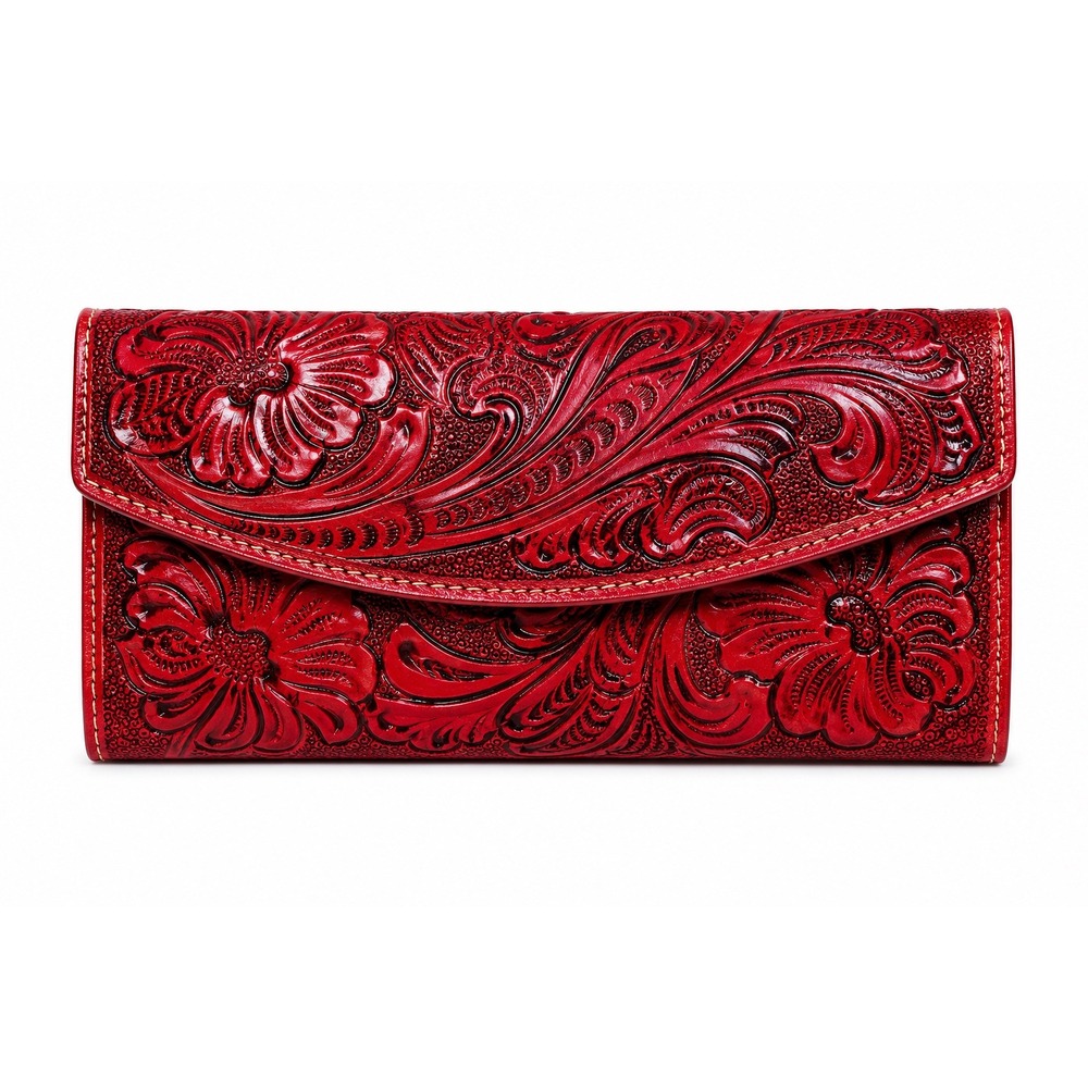 NEW Tooled Leather Western‎ Wallet Floral Embossed Cowgirl Rodeo Boho Red